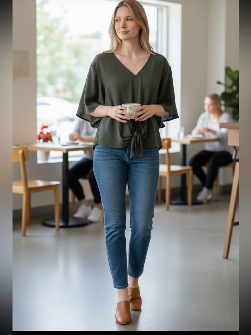 Olive V-Neck Front Tie Blouse S-M Oversized
Retail $39